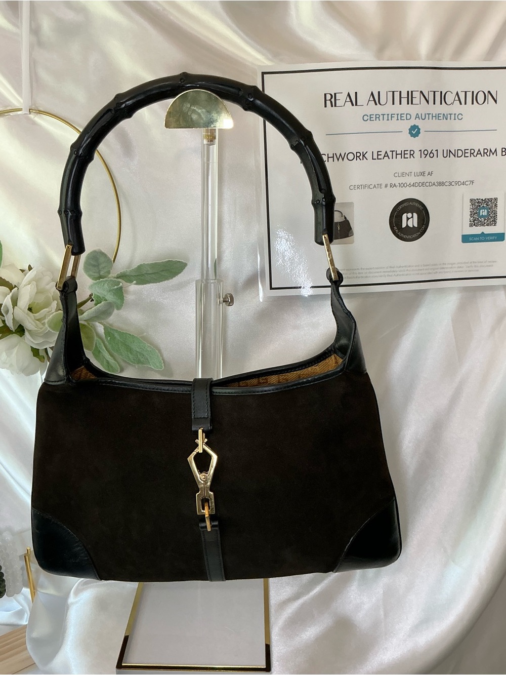 Preloved Gucci Black Suede Shoulder Bag with Gold Hardware w COA - Picture 1 of 12